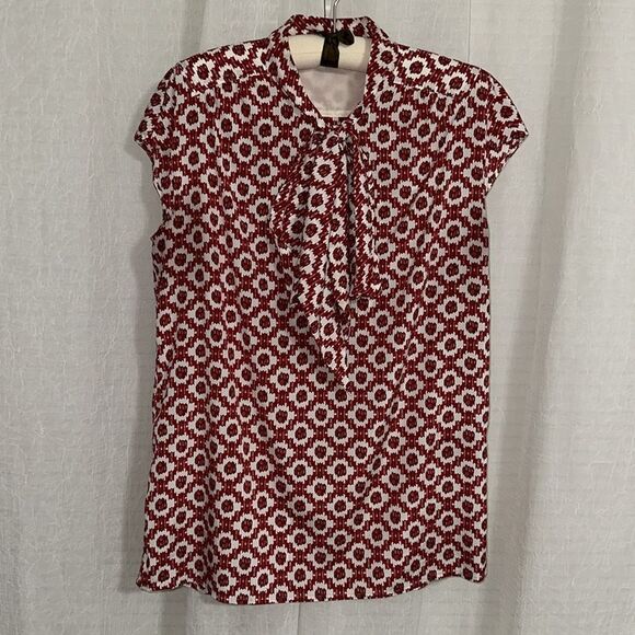 Tory Burch 10 Red White Pattern Cap Sleeve Neck Tie Silk Blouse - Picture 5 of 14